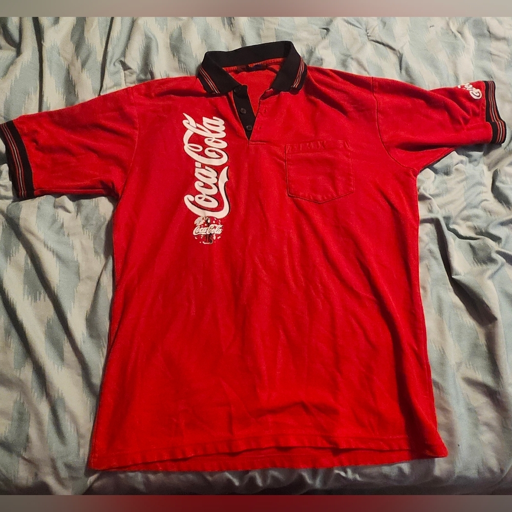 VTG Coca Cola Big Logo‎ Polo, Coke Shirt Rugby Men's Large Vintage RARE